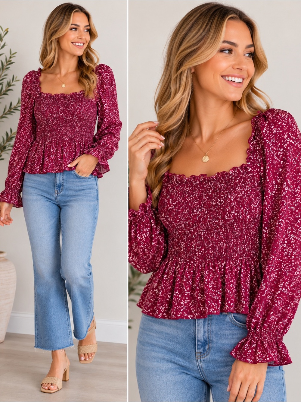 Urban Romantics Smocked Floral Peplum Top Small NWT